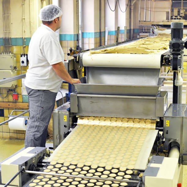Complete biscuit production line with mixing, laminating, cutting, and baking equipment